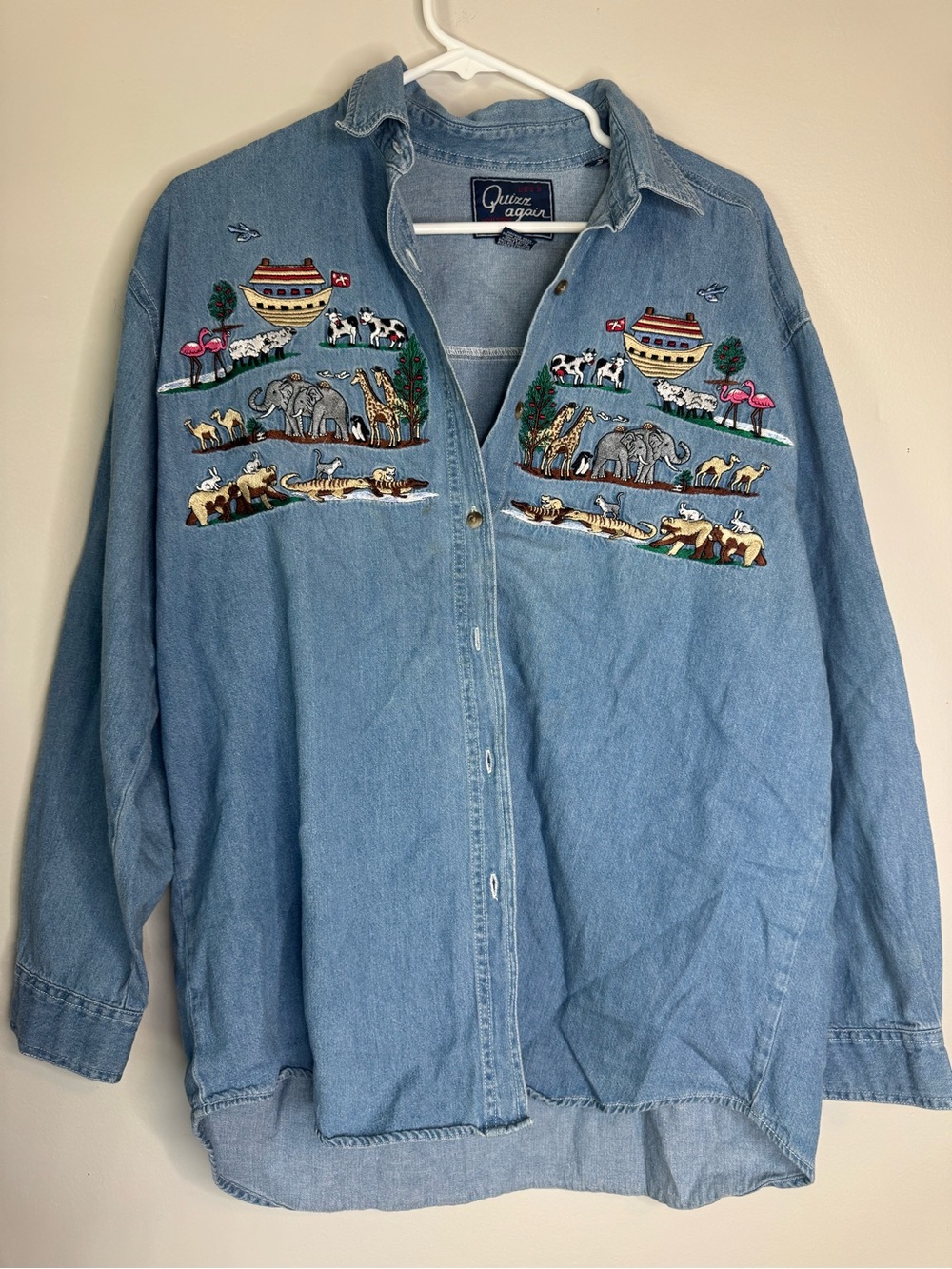 Vintage Quizz Again Light Blue Denim Embroidered Animal Button-Up Top